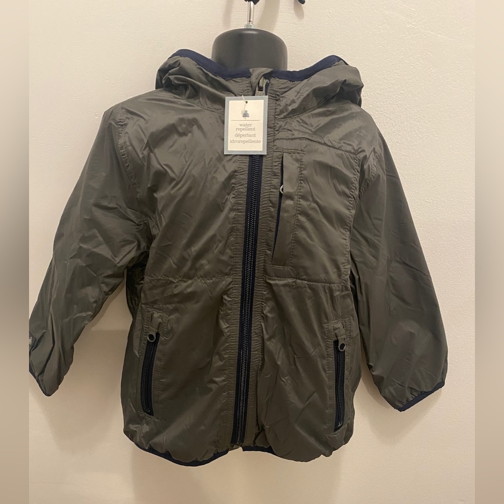 NWT! GAP Kids Fleece Lined Water Repellent Windbreaker Coat Gray/Navy - 3 years
